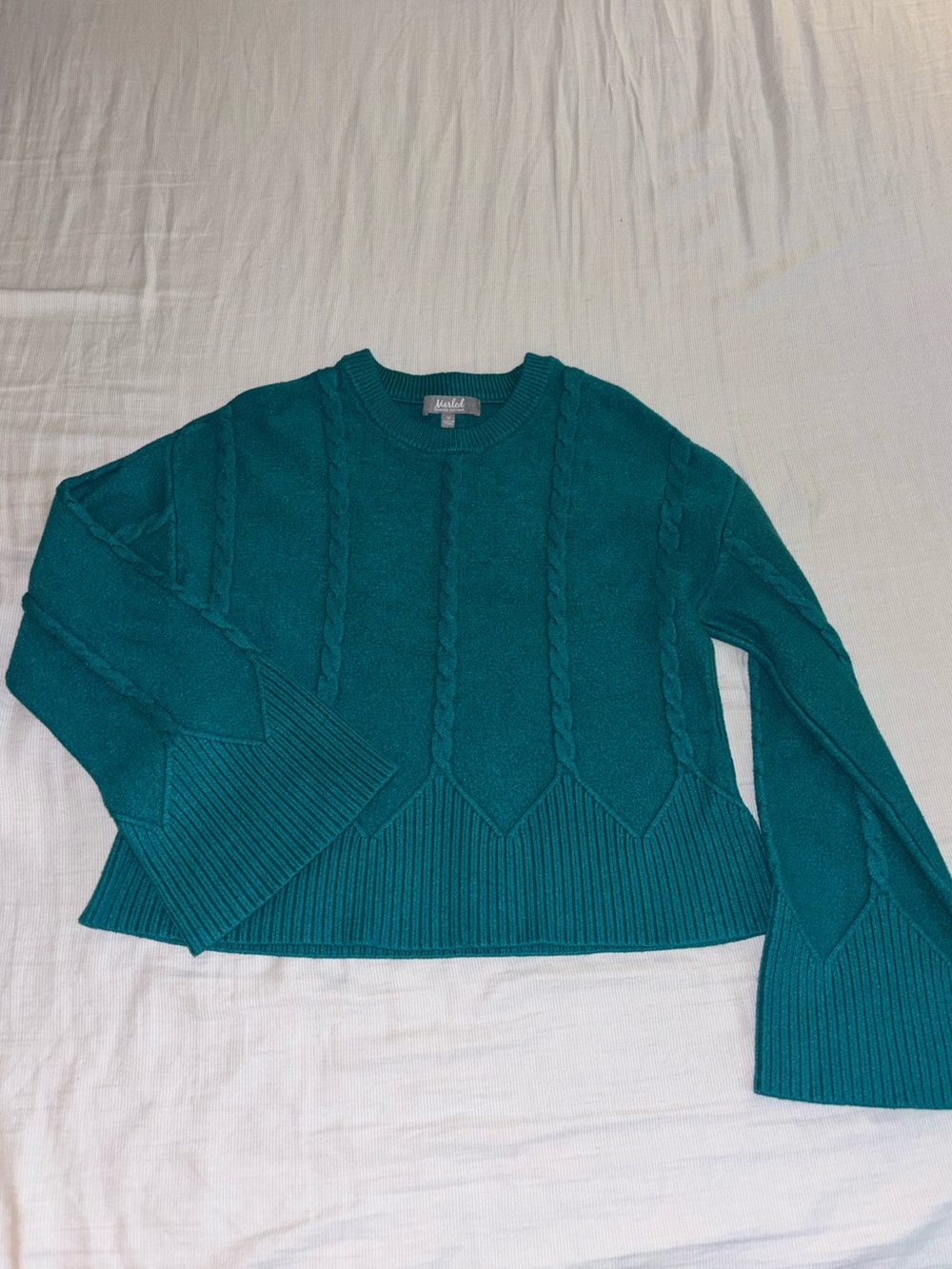 Marled Teal Cable-Knit Crewneck Sweater